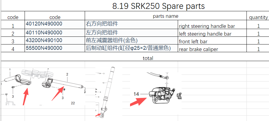 Front Left Bar/left and right steering handle bar and rear brake caliper suit SRK250