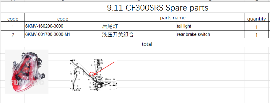 Tail light and rear brake switch suit CF300SRS 6KMV-160200-3000