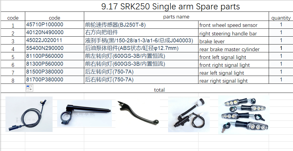 Signal Light/front wheel speed sensor/right handle bar/brake lever and rear brake cylinder suit SRK250 Signal arm 55400N290000