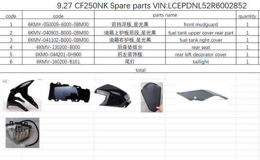 Front Mudguard/rear seat and others in the list suit CF250NK Code is 6KM0-044201-0H900