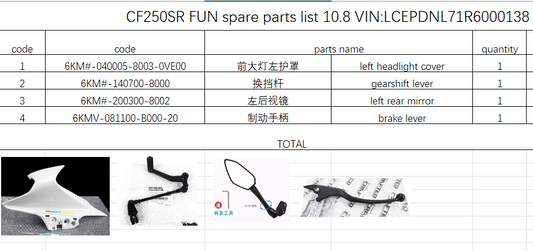 Left headlight cover/gearshift lever and others in the list suit CF250SR FUN