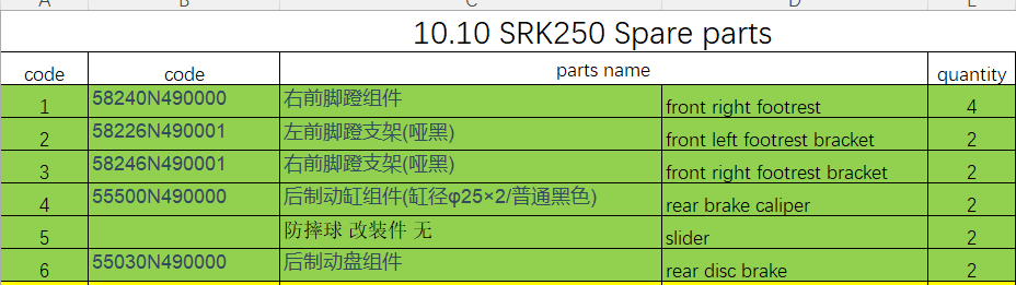 Front right footrestand all others in the list suit SRK250 single arm 58240N490000